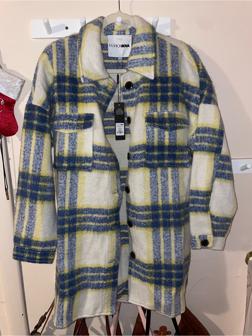 Fashion Nova Cream, Blue & Yellow Plaid Teddy Shacket
